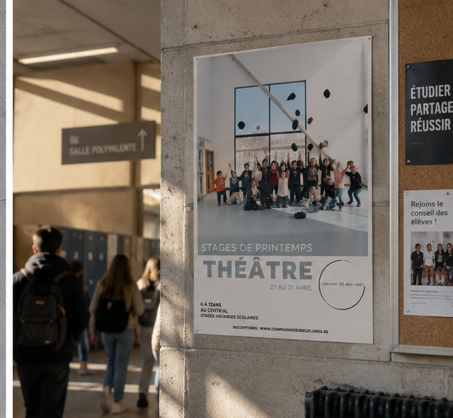 Affiche en situation — Hall d'une école — Bruxelles